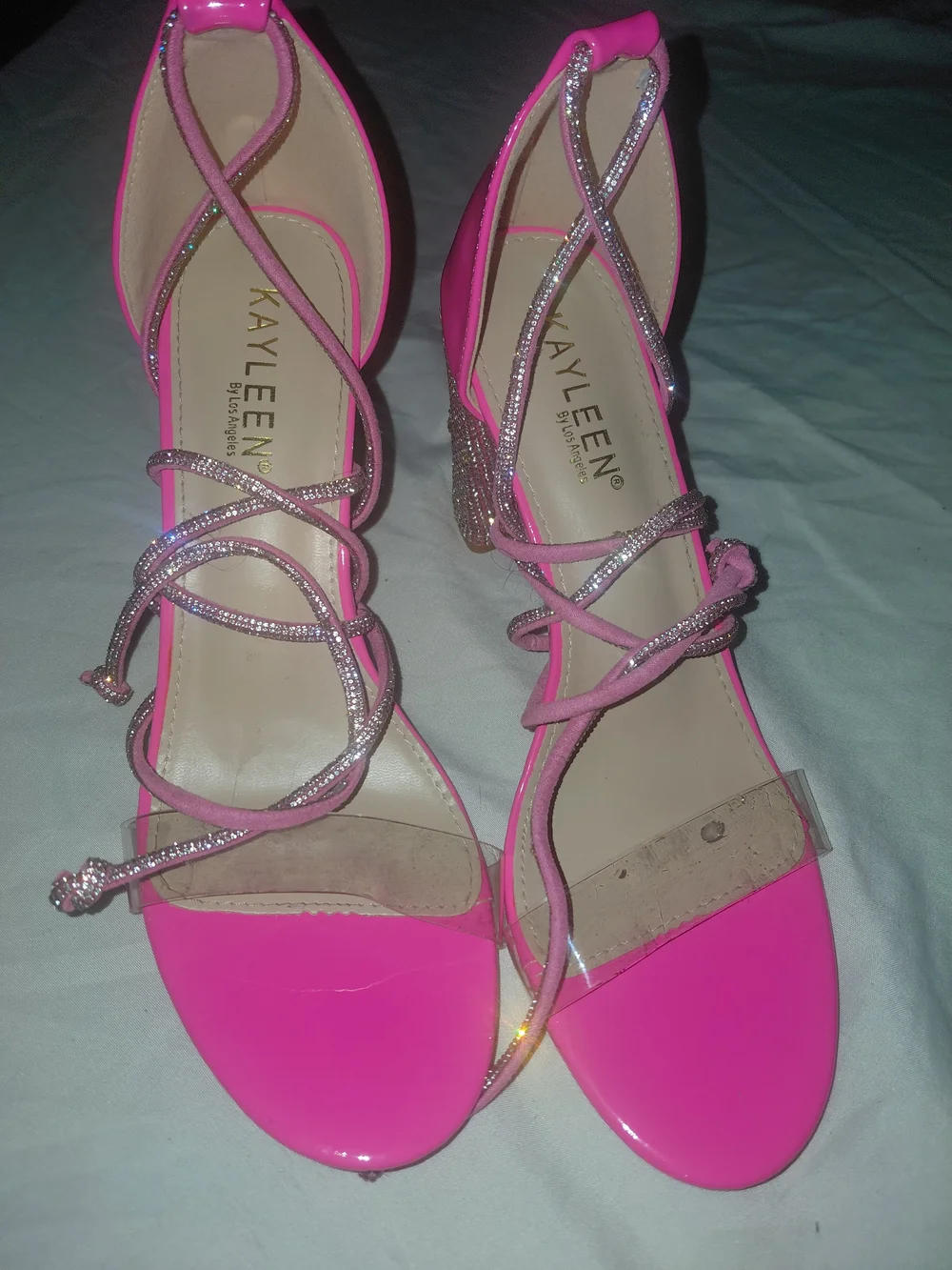 Kayleen By Los Angeles Hot Pink Strappy Faux Diamond Studded Heeled Sandals